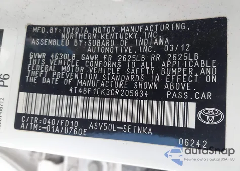 2012 Toyota Camry Le z USA, uszkodzony, nr VIN 4T4BF1FK3CR205834